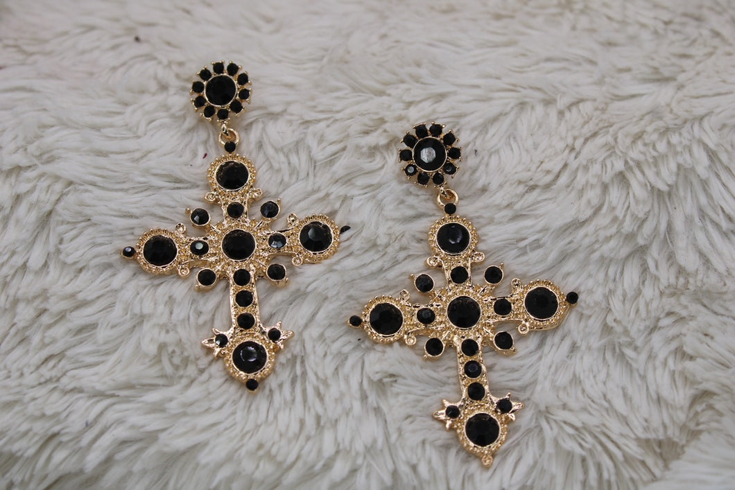 Gold Cross Earrings W/ Black Tourmaline